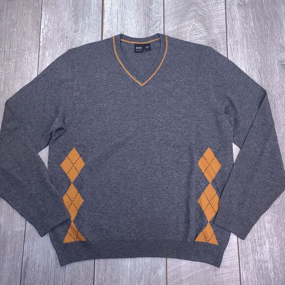 Hugo Boss Mens Gray Virgin Wool Sweater Size XL V-Neck Pullover Lightweight Top - Picture 1 of 7